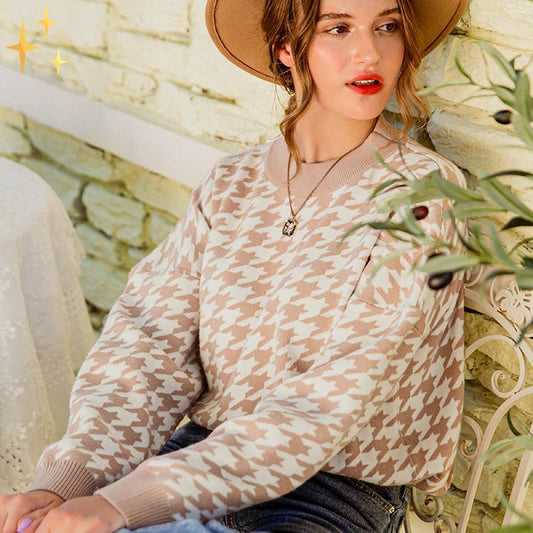 Clara - Pied-de-Poule Jersey Pullover in moderner Passform
